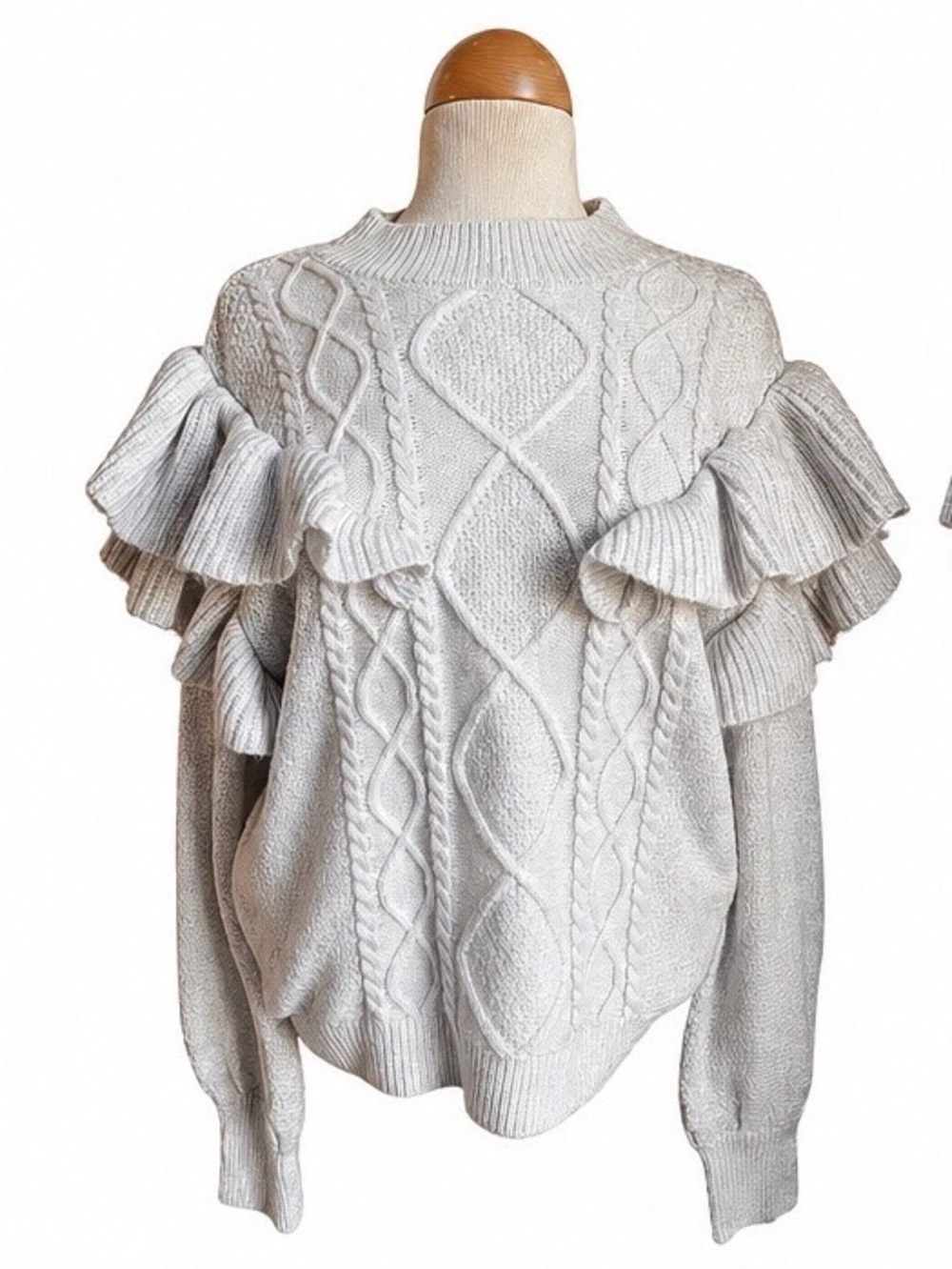 BB Dakota Ruffle Sleeve Cable Knit Sweater Cream NWT L